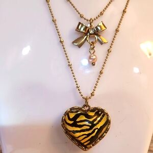 Betsy Johnson Zebra Print Heart Charm and Golden Bow with Crystal Necklace